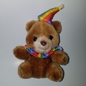 VTG Brown Teddy Bear Plush Clown Jester Birthday Rainbow Hat 7.5" Ace Novelty